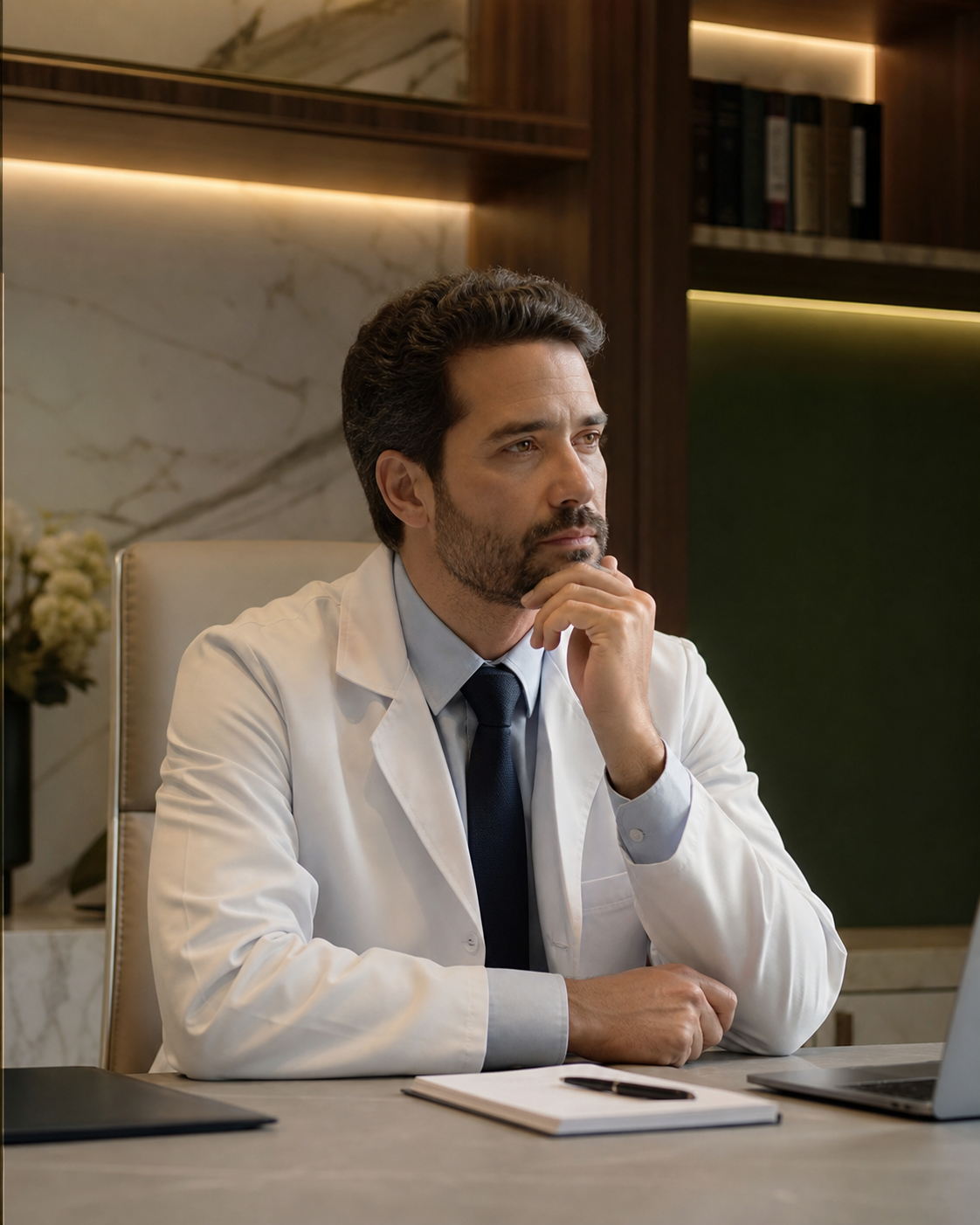 Médico refletindo sobre a gestão do consultório em um ambiente sofisticado