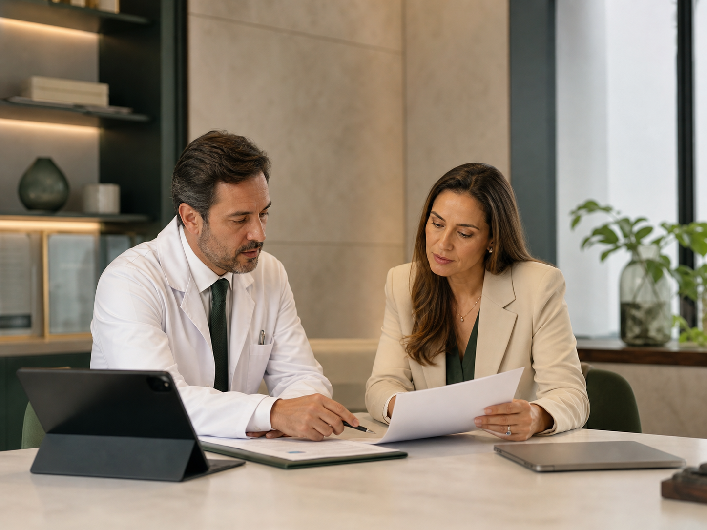 Médico e consultora analisando a gestão estratégica do consultório