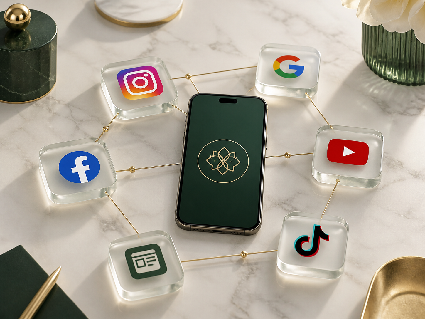 Ecossistema integrado de Instagram, Facebook, Google, YouTube, TikTok e blog